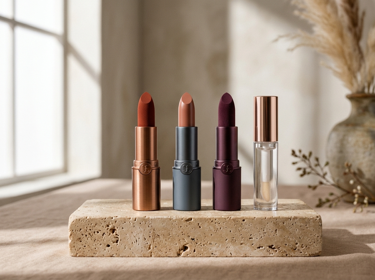 Satin and matte lipsticks in terracotta and nude casing