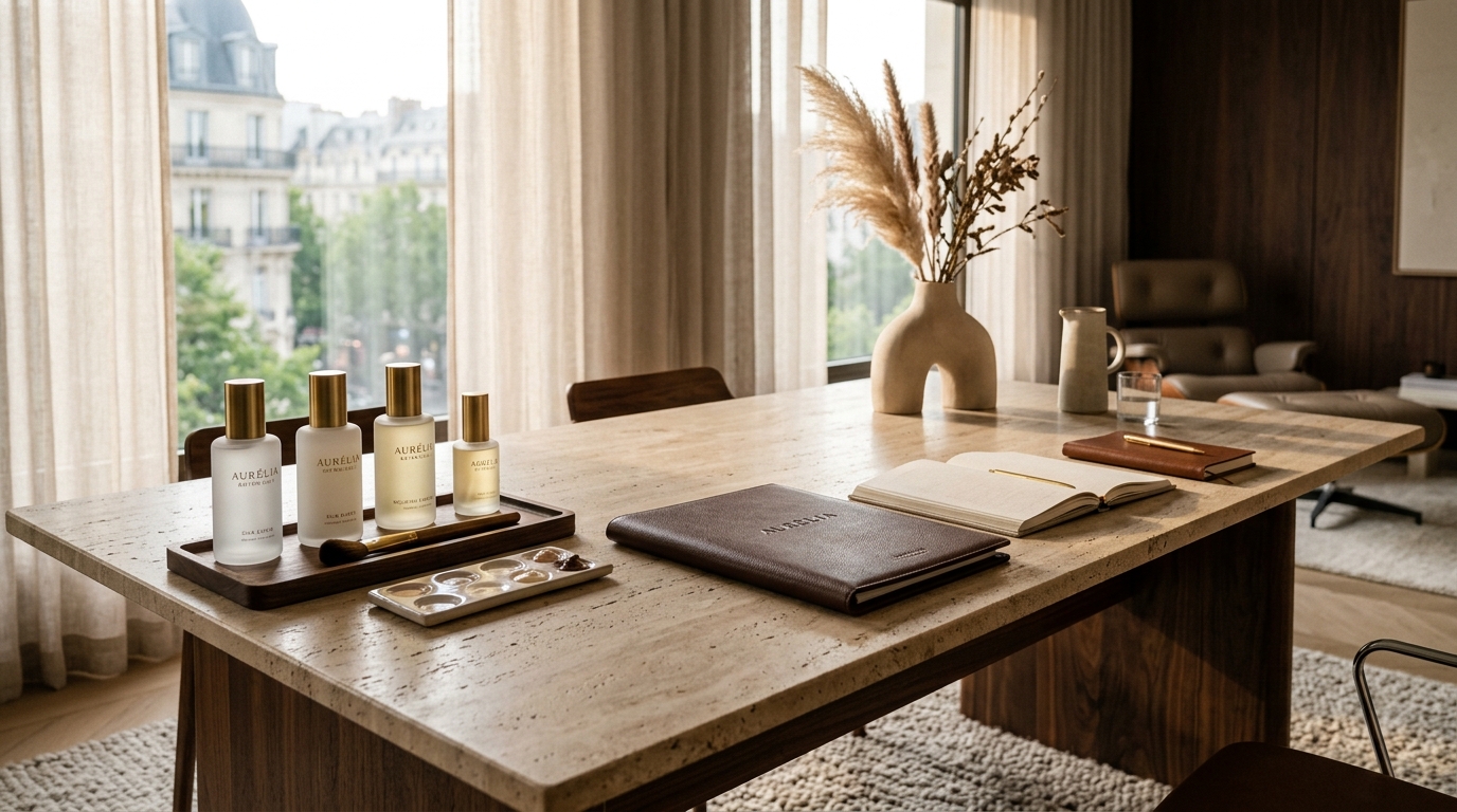 Executive beauty product briefing table with bespoke samples