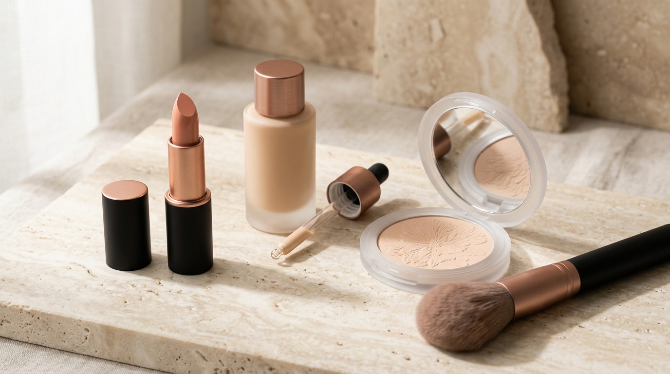 Editorial collection of luxury private label cosmetics on travertine stone